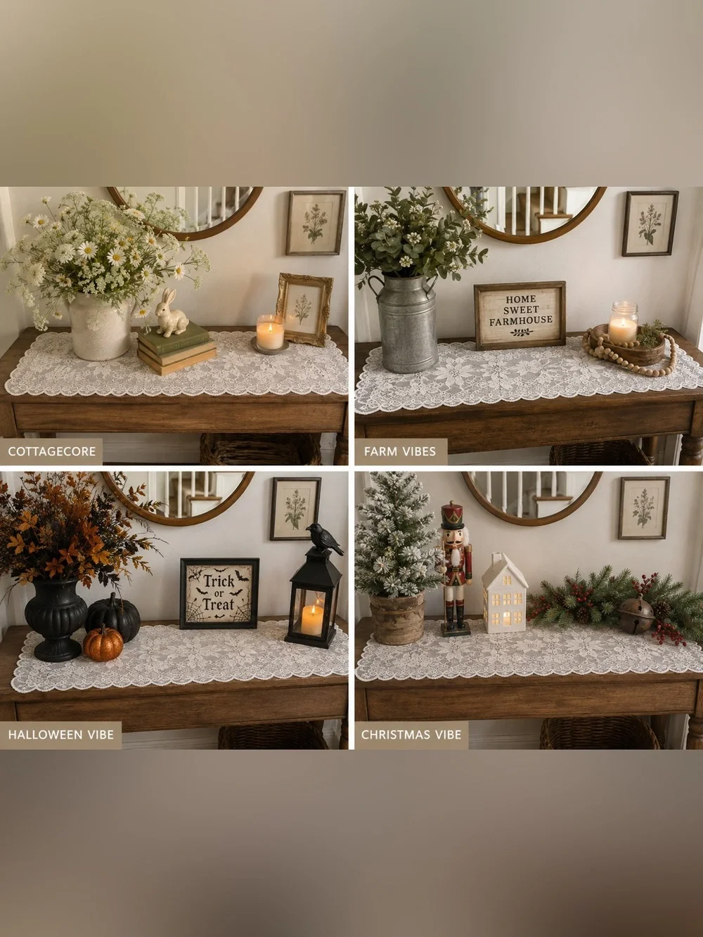Vintage Style Ivory Floral Lace Table Runner Scalloped Edge 35” x 15”